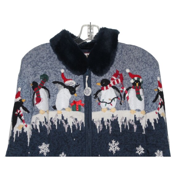 Vintage Tiara Sweater Women's Large Blue Penguins Winter Full Zip Cardigan - Picture 4 of 7